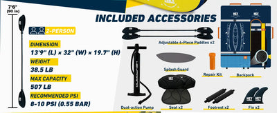 2-person inflatable kayak with blue and white design, adjustable paddles included.