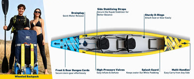 2019 perception pescador 13 kayak with blue and yellow hull, black interior, multi-handle design for easy carry.