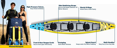 2019 perception prowler 35 kayak with high-pressure valves, front and rear bungee cords, side stabilizing straps, drain plug, splash guard, sturdy d-rings for attachment to a boat or shore dock, multi