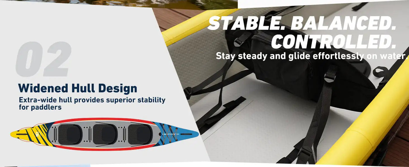 2023 model kayak with widened hull design, stable and balanced for paddlers.