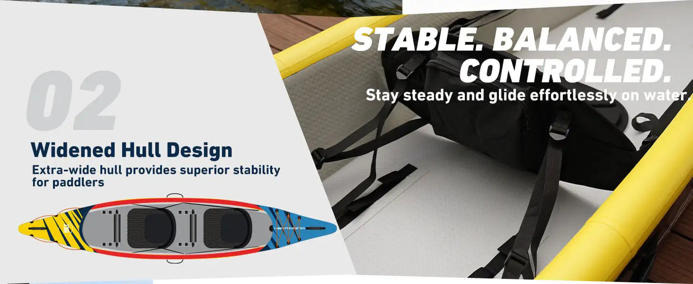 2023 perception 14’ sit-on-top kayak with widened hull design and paddle included, blue/red/green.