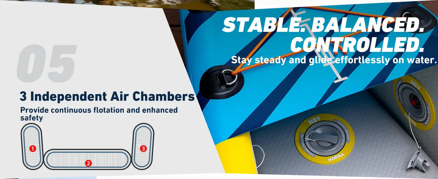 Blue and green inflatable kayak with independent air chambers for stability.