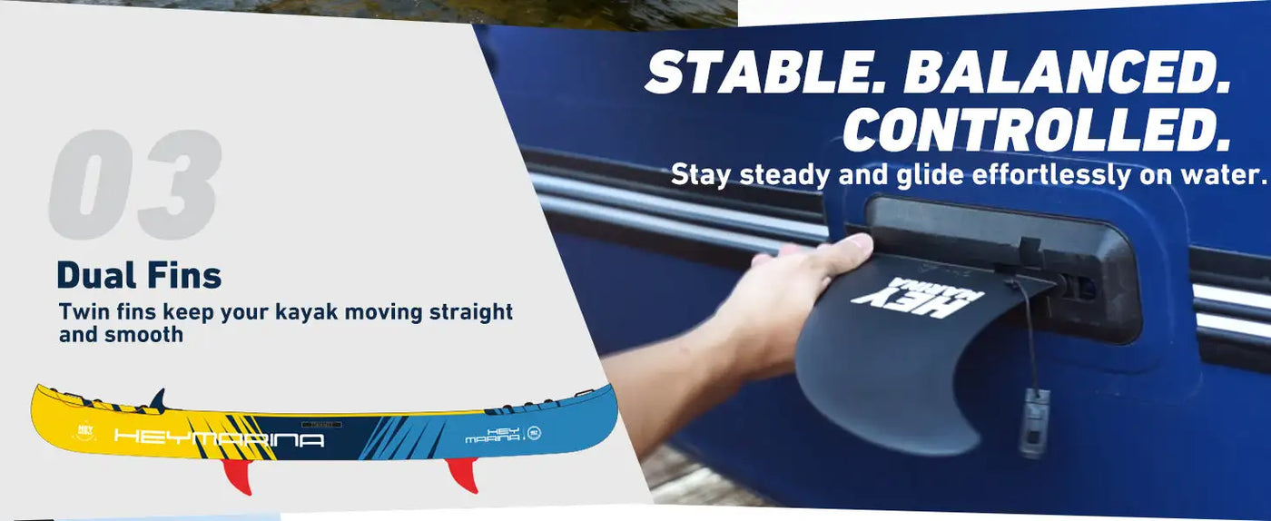 Blue kayak with dual fins for stability and control.
