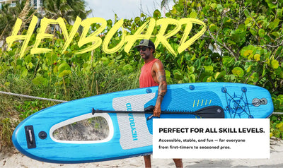 Blue paddleboard with a transparent window.