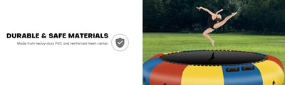 A colorful inflatable trampoline for outdoor use.