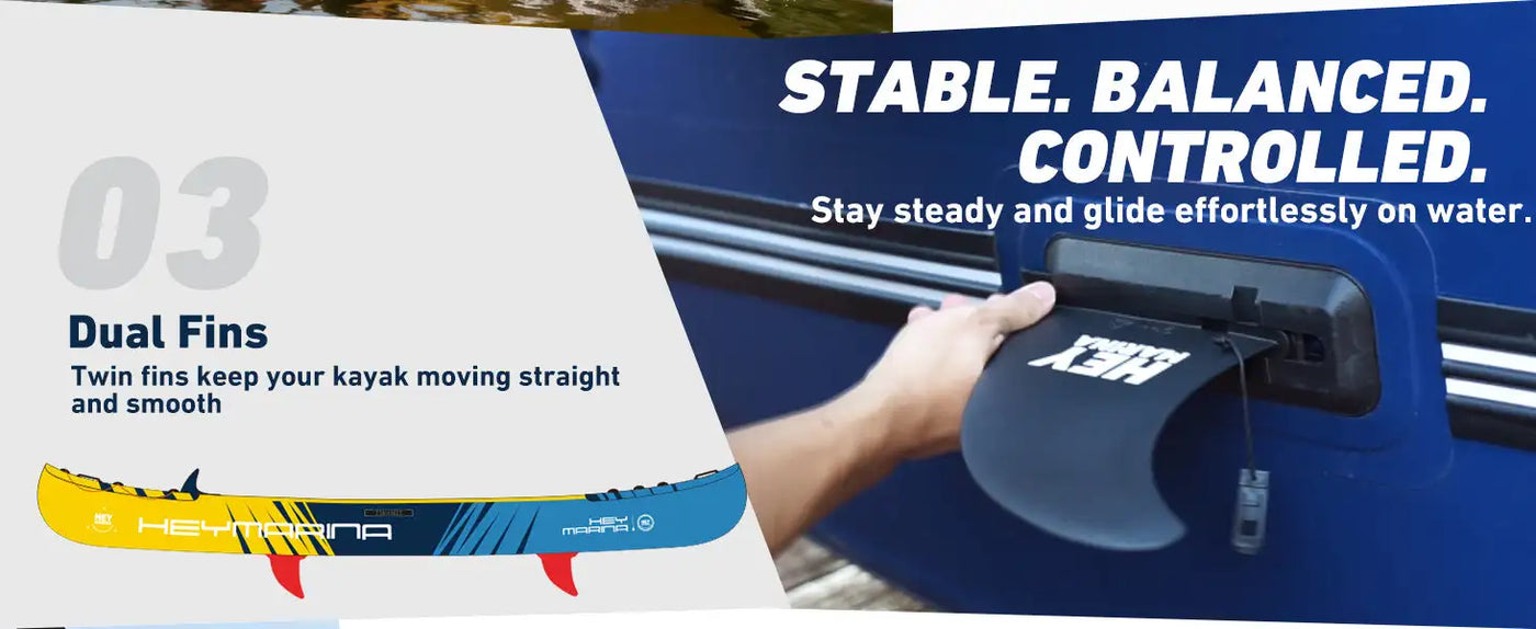 Dual fin stabilizer for kayaks, black and translucent material with a sleek design.