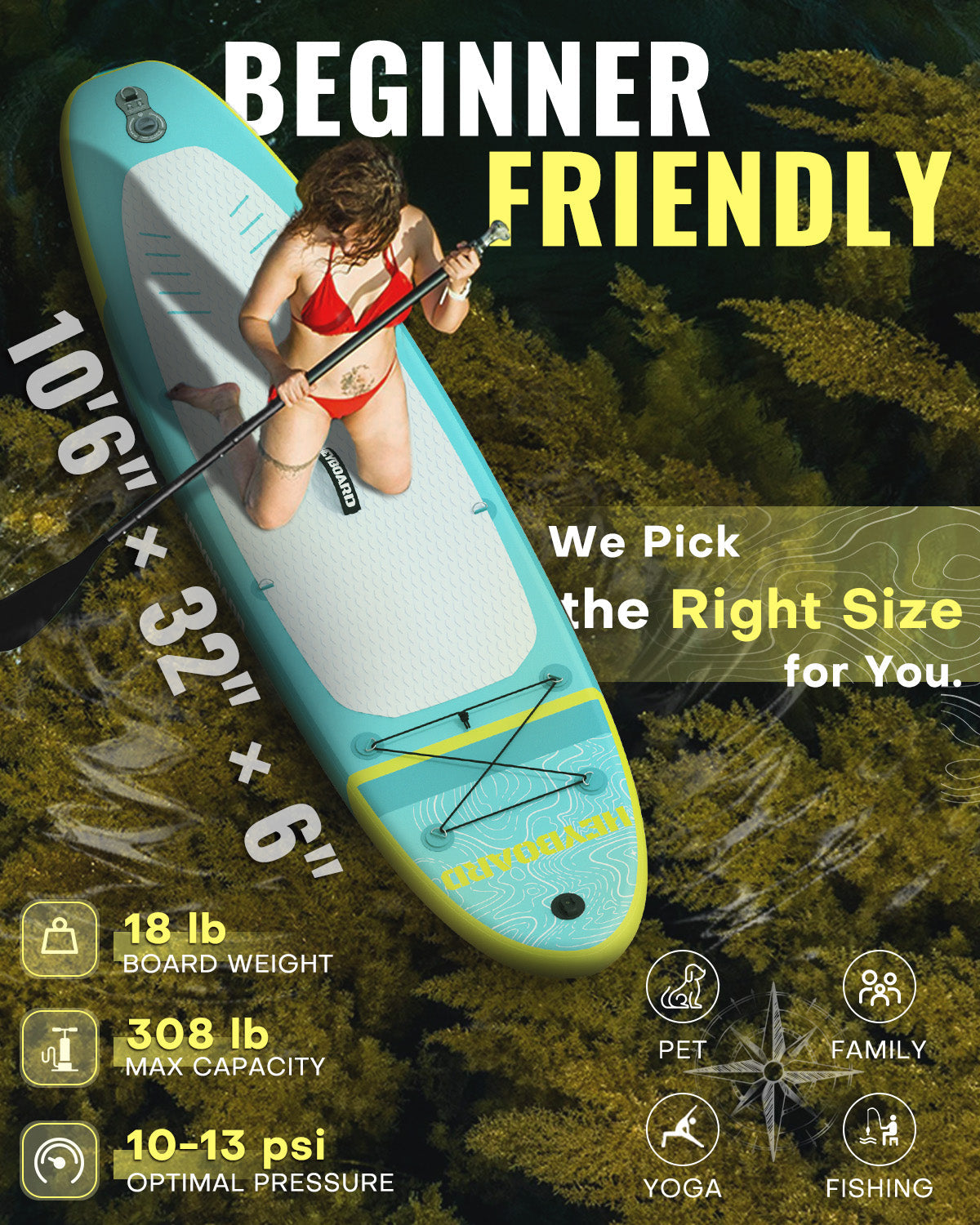 Heyboard All-Round Inflatable SUP Board - 10’6’’ - Mint Green - Paddle Board