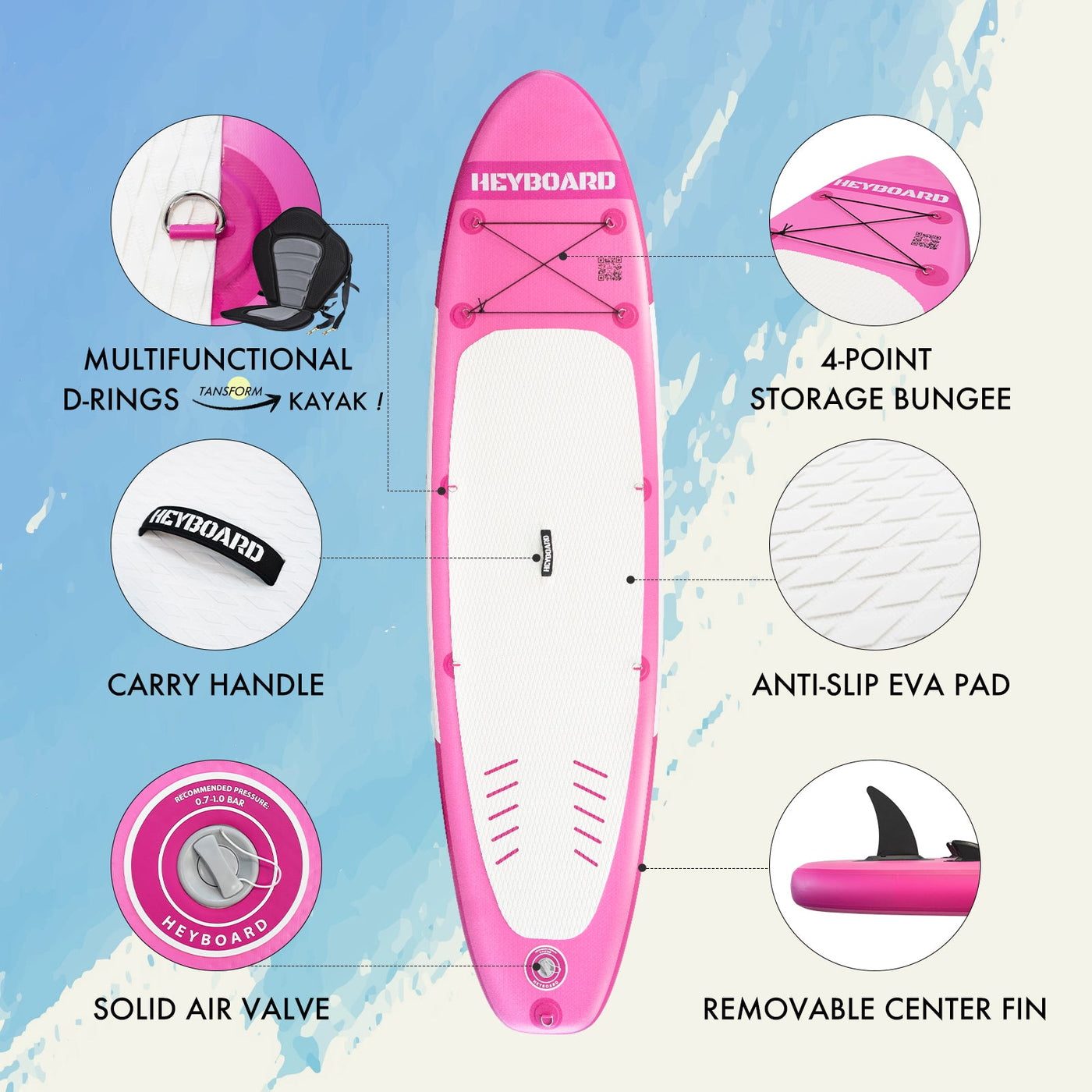 Heyboard All-Round Inflatable SUP Board - 10’6’’ - Pink