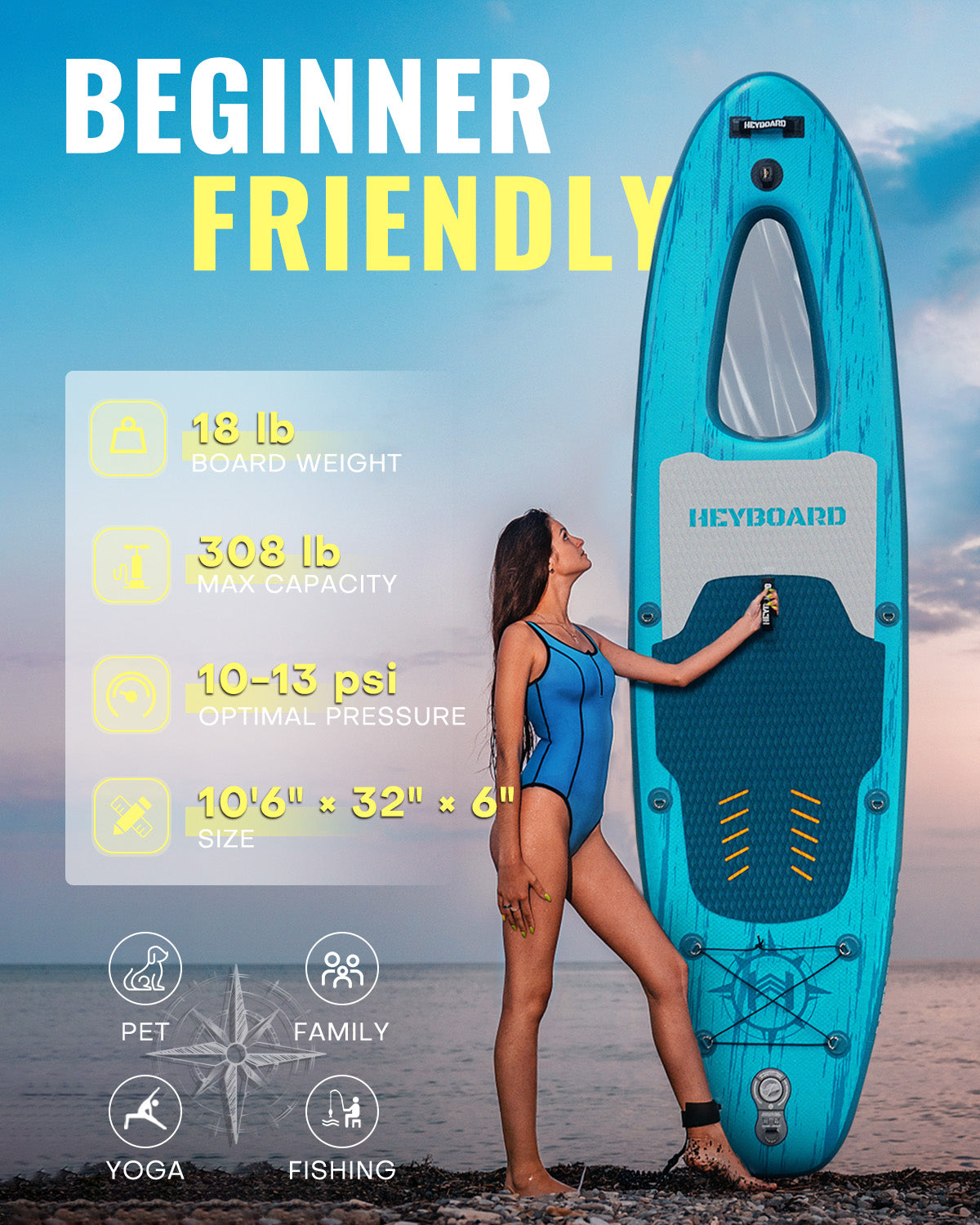 Heyboard All-Round Inflatable SUP Board - 10’6’’ - Transparent Windowed