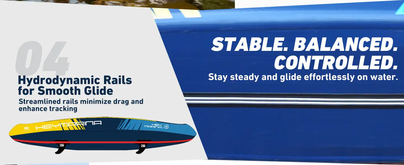 Hydrodynamic rails for smooth glide, blue and white surfboard with red accents.