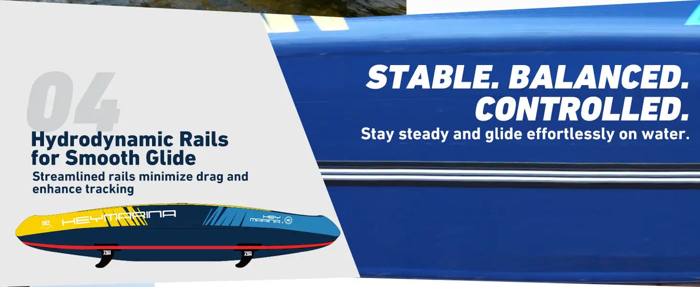 Hydrodynamic rails for smooth glide stand-up paddleboard with blue and red accents, durable polyethylene material.