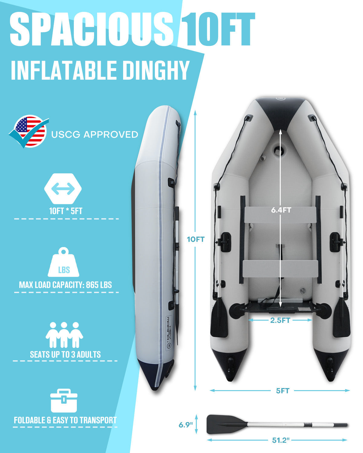 Inflatable Boat Dinghy for Fishing and Relaxation 10ft