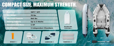 Inflatable boat specifications and included accessories.