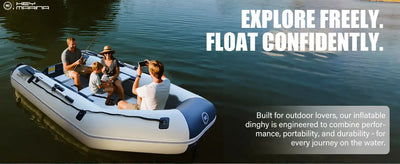 Inflatable dinghy with family.