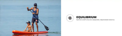 Orange paddleboard with father and child.