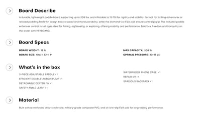 Paddleboard specifications and features.