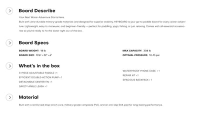 Paddleboard specifications and included accessories.