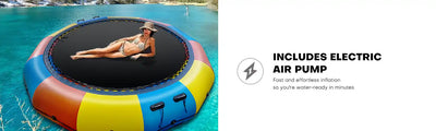 A vibrant, multi-colored inflatable water trampoline with a woman relaxing on it, accompanied by a description of an included electric air pump for quick inflation.