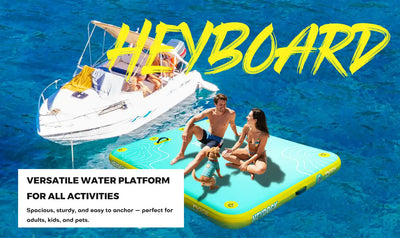 Floating water platform with people and a dog.