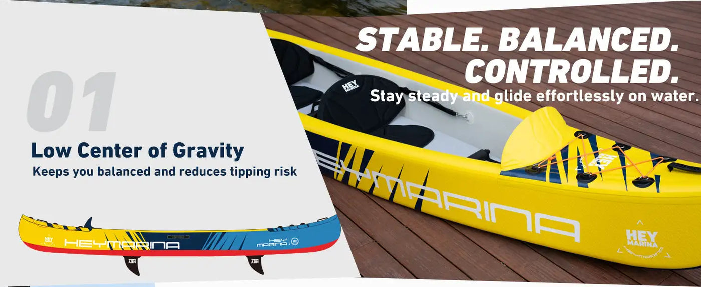 Yellow and black inflatable paddleboard with a low center of gravity design.