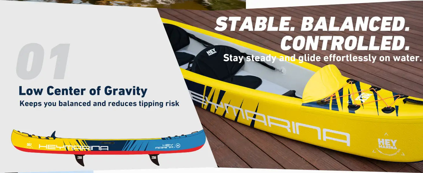 Yellow and black kayak with a sleek design, durable material, and low center of gravity for stability.