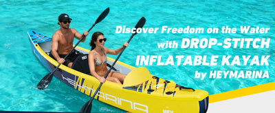 Yellow and blue inflatable kayak by heymarina with drop-stitch design.