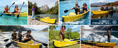 Yellow inflatable kayak with black accents and a sleek design, suitable for outdoor adventures.